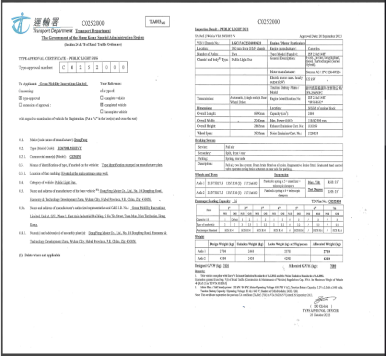 Gemini混能小巴於2013年9月26日 完成香港運輸署型號審批 (證書 # C0252000)